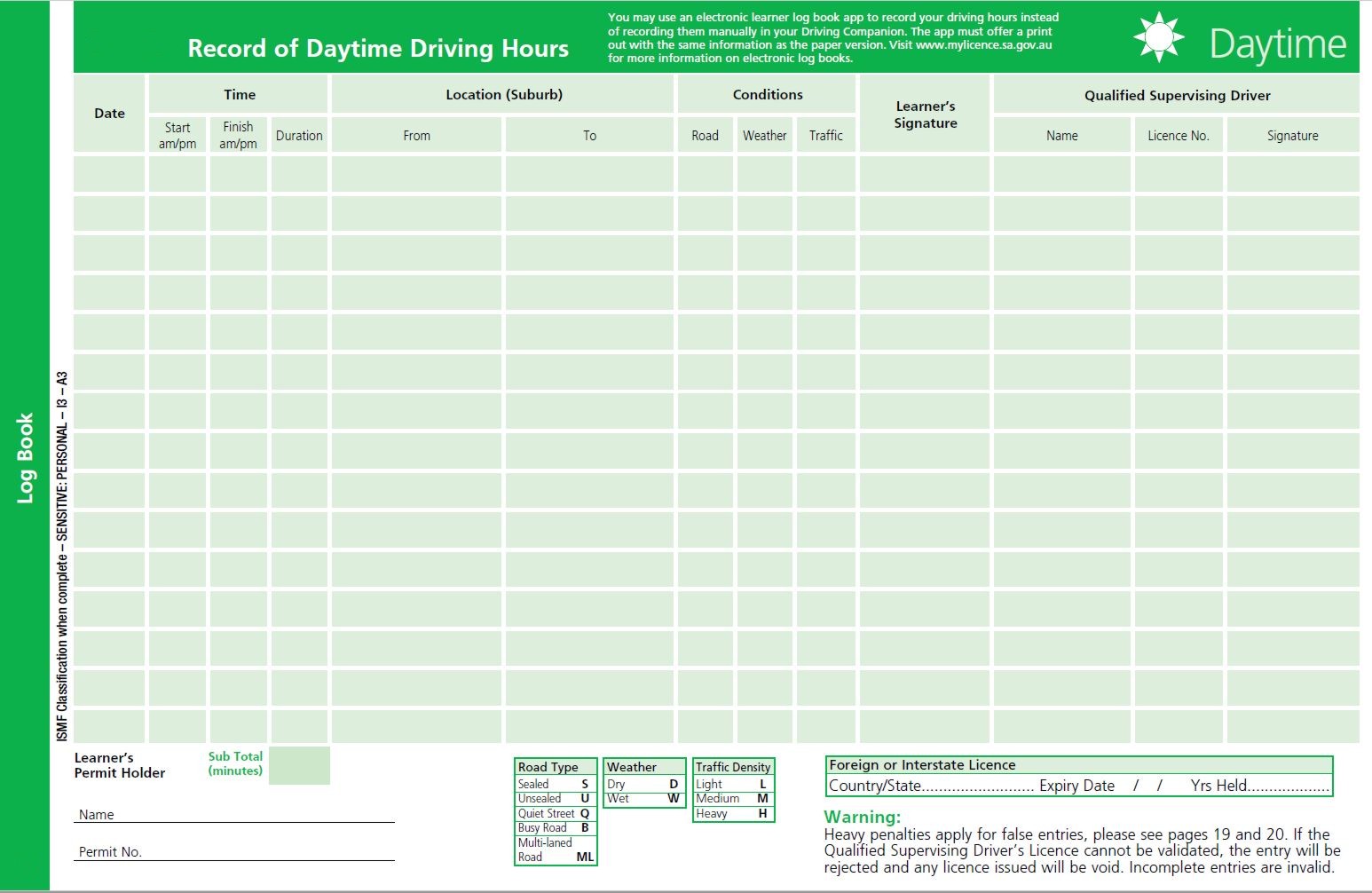 A sample of the day driving hours log book form