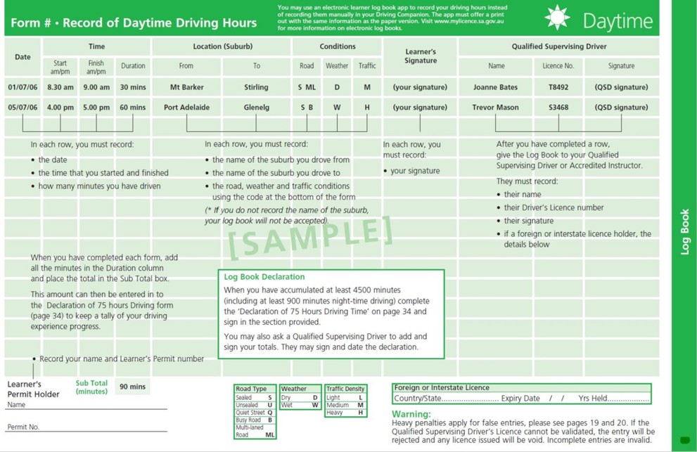 My Licence - The Driving Companion - Sample form