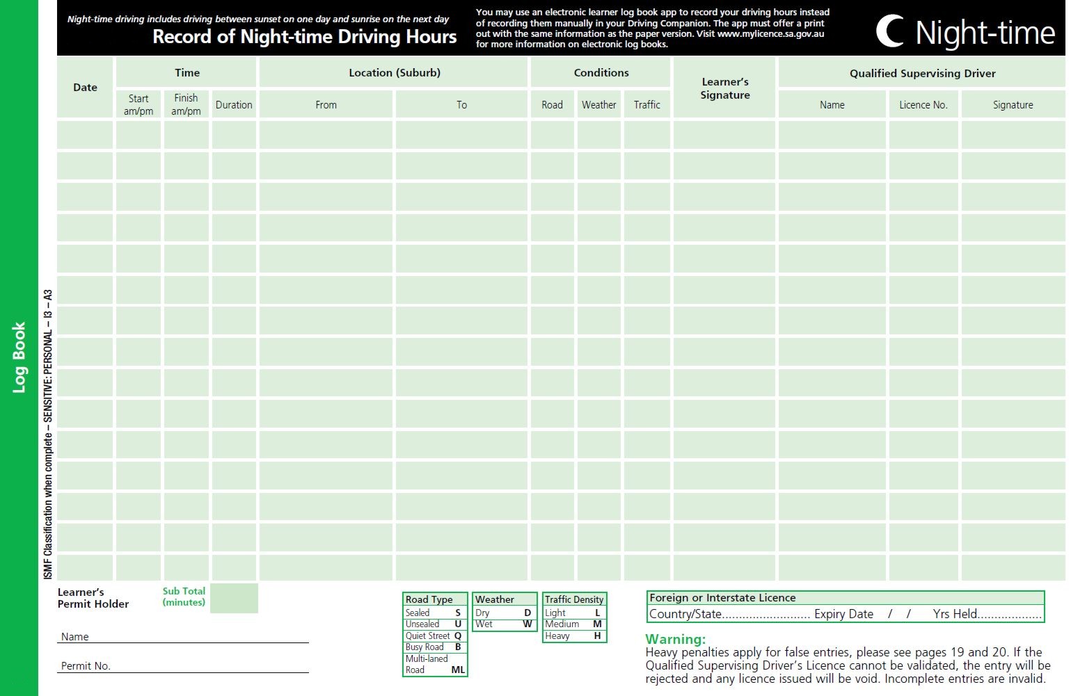 Sample of a night driving hours log book form