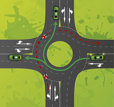Bicycle riders in the far left lane of a multi lane roundabout must give way to any vehicle leaving the roundabout